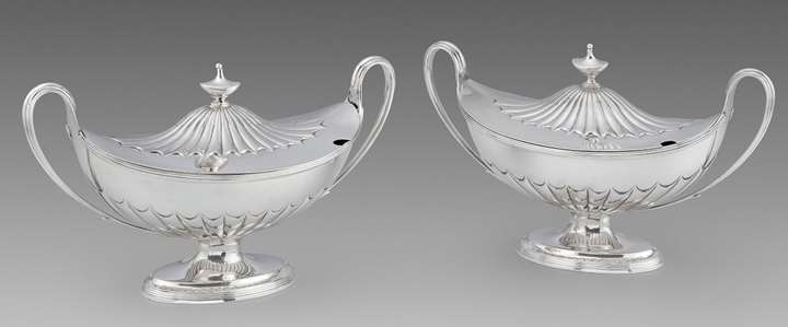 A Pair of Bats-Wing Fluted Sauce Tureens